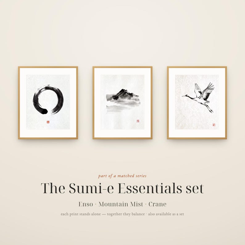 Minimalist Sumi-e mountain print featuring layered Japanese ink peaks fading into mist on a warm white background