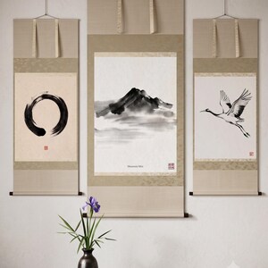 Japanese Sumi-e print set featuring Enso, Crane, and Mountain ink paintings arranged as a minimalist Zen triptych.