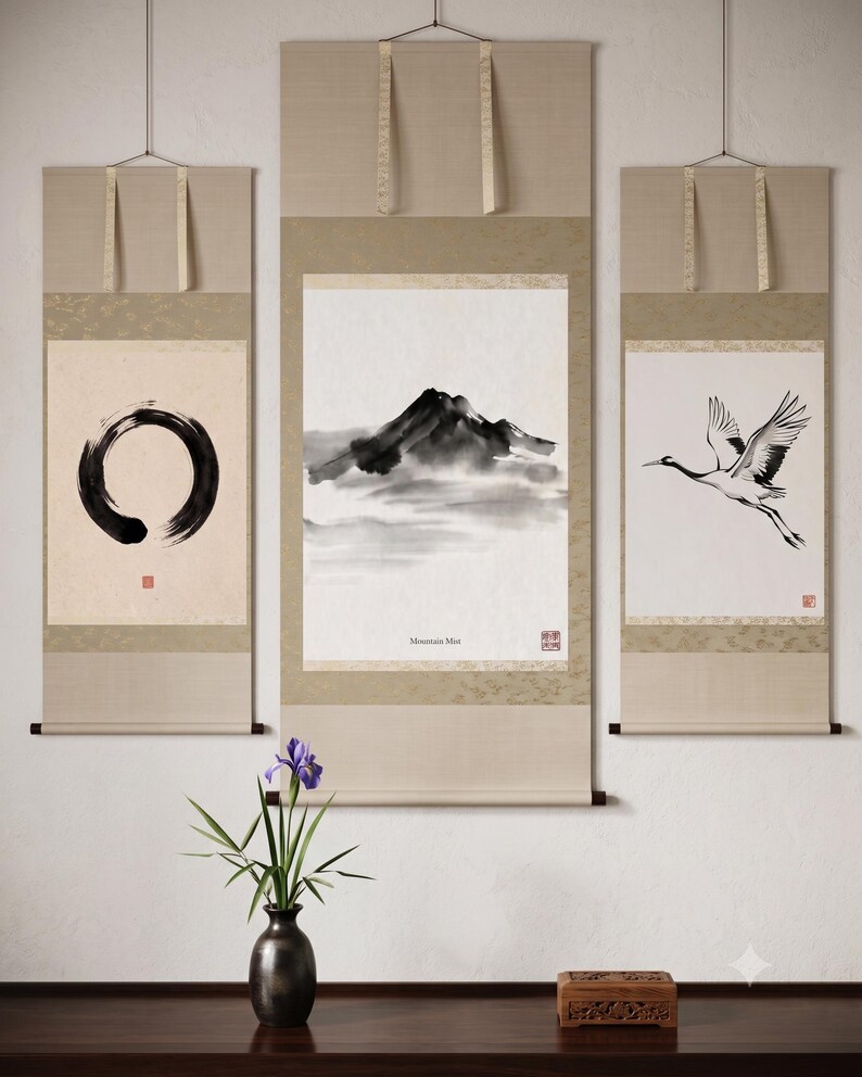 Japanese Sumi-e print set featuring Enso, Crane, and Mountain ink paintings arranged as a minimalist Zen triptych.