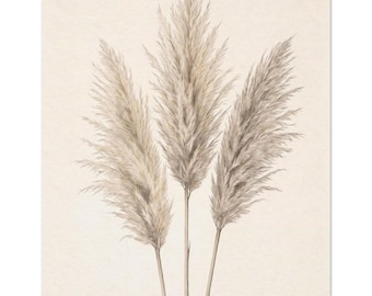 Pampas Grass Print, Boho Botanical Wall Art, Japandi Beige Decor, Three Plumes | Pampas by Calm & Oak