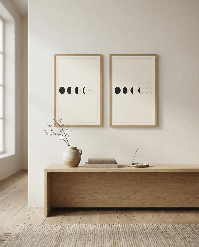 Moon Phases Print, Japandi Lunar Wall Art, Minimalist Celestial Decor, Above Bed Neutral | Calm & Oak image 7