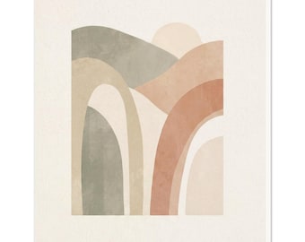 Soft Arch Landscape Print, Japandi Horizon Wall Art, Sage Oat Terracotta Palette, Above-Bed | Serene Dawn by Calm & Oak