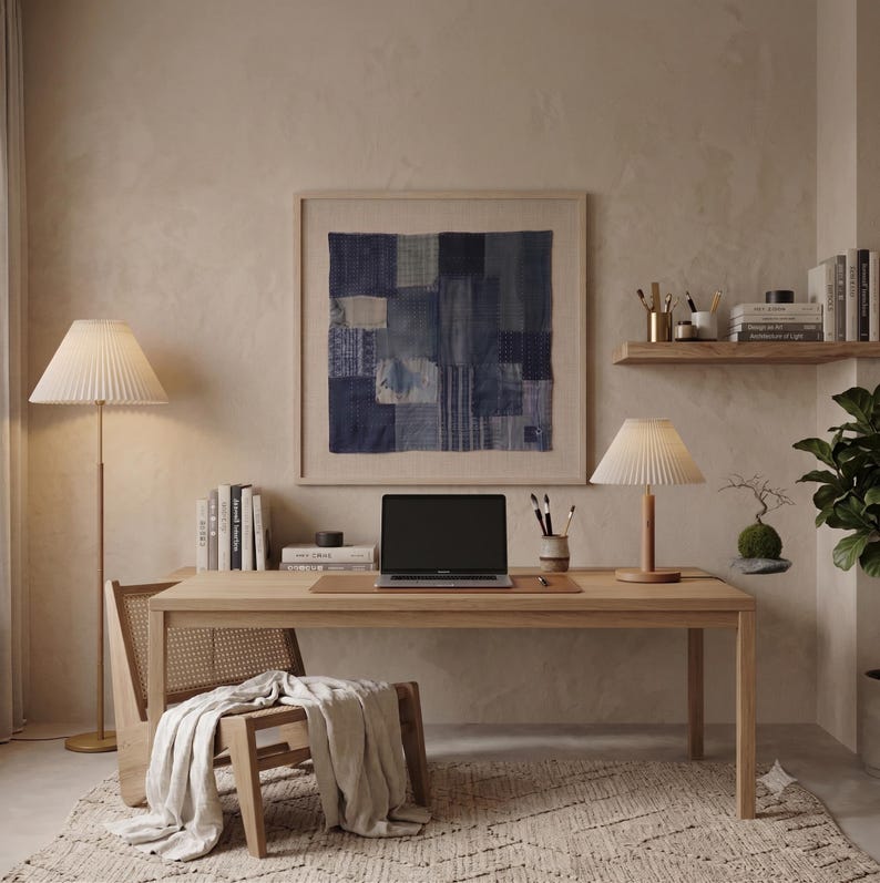Japanese Boro Indigo wall art featuring layered textile-inspired patterns in deep blue tones with a wabi-sabi aesthetic.