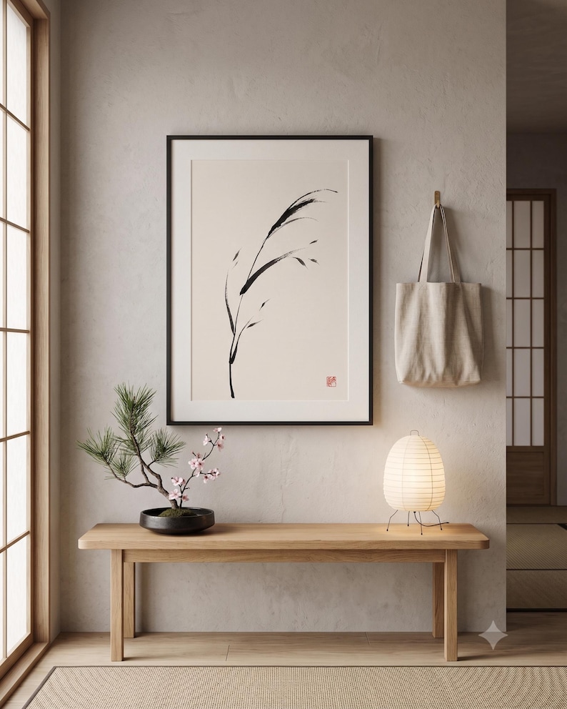 Minimalist Sumi-e Bent Reed print featuring Japanese ink brushwork of a graceful reed bending softly on warm white paper.