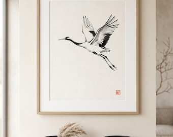 Estampado de grulla Sumi-e, arte mural Japandi, símbolo japonés de longevidad con aves en tinta (DESCARGA DIGITAL)