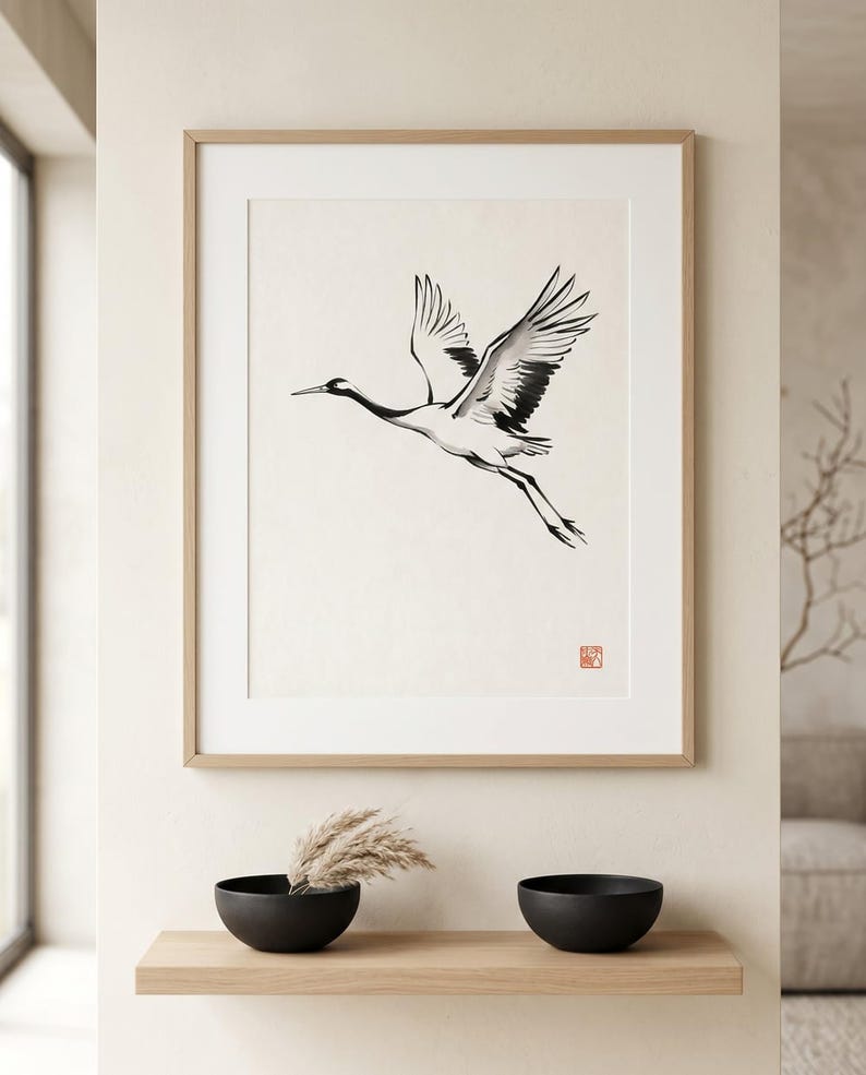 Crane Japanese ink tsuru bird print styled in a calm Japandi room — warm off-white. Calm & Oak.