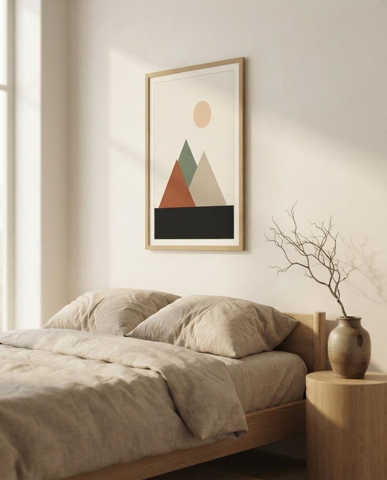 Japandi Mountain Print, Minimalist Layered Peaks Wall Art, Neutral Landscape Decor, Above Bed | Calm & Oak image 3