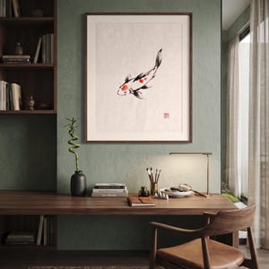 Koi ink koi fish with vermillion accent print styled in a calm Japandi room — warm off-white. Calm & Oak.