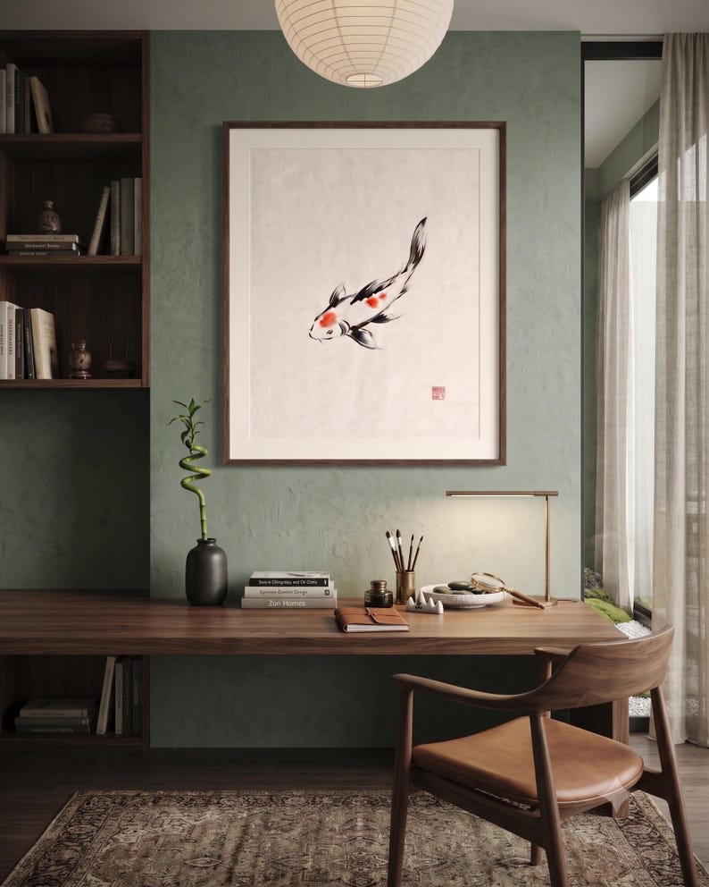 Koi ink koi fish with vermillion accent print styled in a calm Japandi room — warm off-white. Calm & Oak.