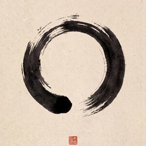Minimalist Sumi Enso wall art featuring a black Japanese Zen circle brushstroke on a white background, printable Japandi decor.