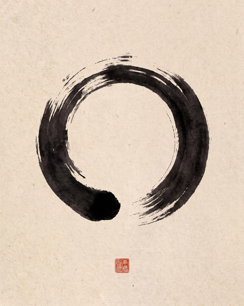 Minimalist Sumi Enso wall art featuring a black Japanese Zen circle brushstroke on a white background, printable Japandi decor.