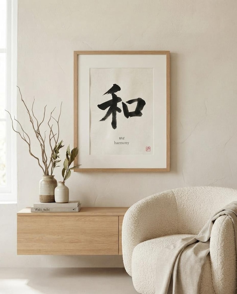 Wa harmony kanji calligraphy print styled in a calm Japandi room — warm off-white. Calm & Oak.