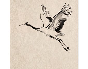 Sumi-e Crane Print, Japandi Wall Art, Tsuru Japanese Bird Ink, Longevity Symbol | Crane by Calm & Oak