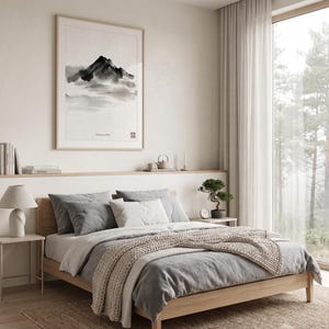 Minimalist Sumi-e mountain print featuring layered Japanese ink peaks fading into mist on a warm white background