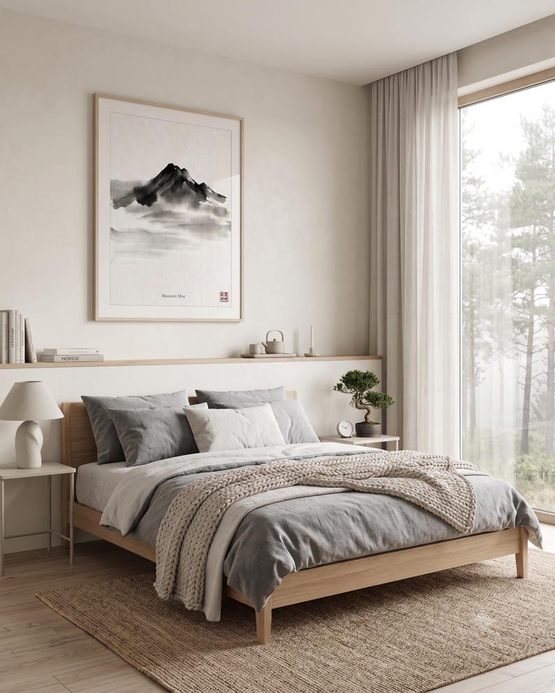 Minimalist Sumi-e mountain print featuring layered Japanese ink peaks fading into mist on a warm white background