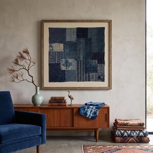 Japanese Boro Indigo wall art featuring layered textile-inspired patterns in deep blue tones with a wabi-sabi aesthetic.