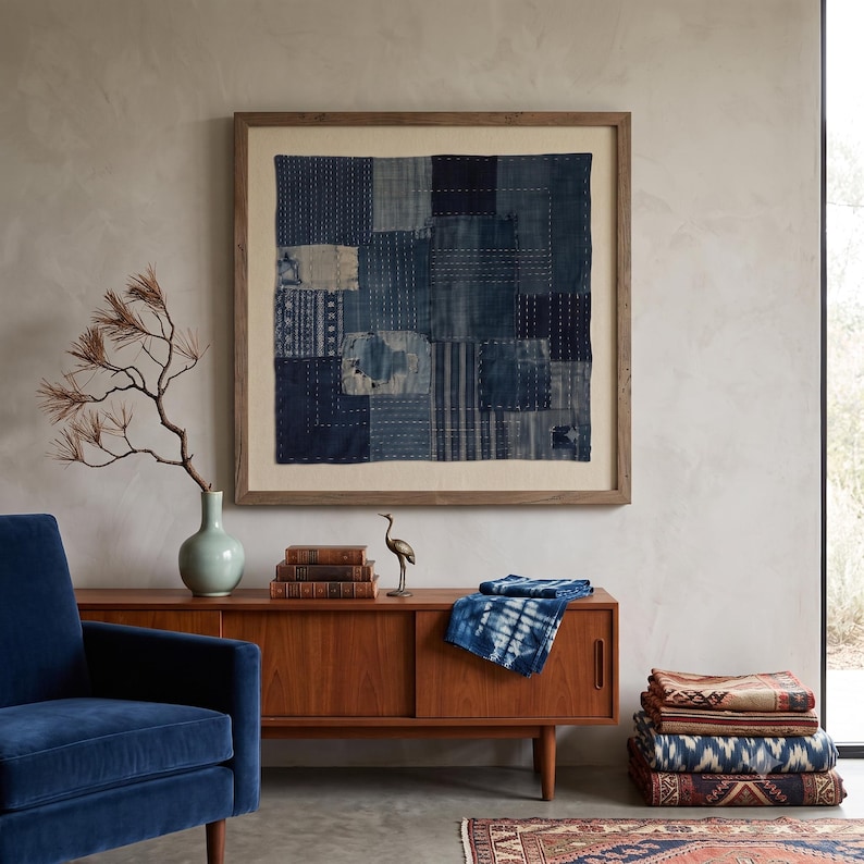 Japanese Boro Indigo wall art featuring layered textile-inspired patterns in deep blue tones with a wabi-sabi aesthetic.