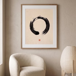 Minimalist Sumi Enso wall art featuring a black Japanese Zen circle brushstroke on a white background, printable Japandi decor.