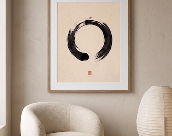 Estampa Sumi-e Enso, arte mural Japandi, decoración Zen con pinceladas para colocar sobre la cama (DESCARGA DIGITAL)
