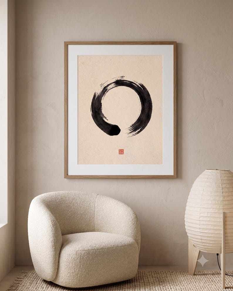 Minimalist Sumi Enso wall art featuring a black Japanese Zen circle brushstroke on a white background, printable Japandi decor.