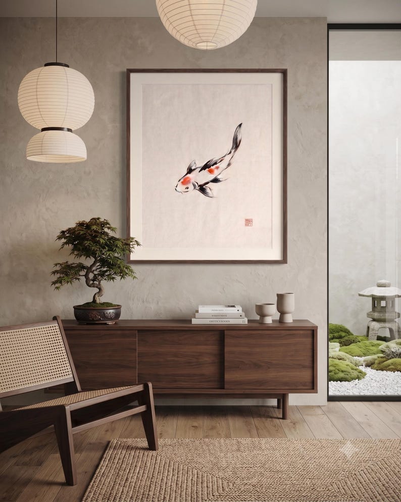 Koi ink koi fish with vermillion accent print styled in a calm Japandi room — warm off-white. Calm & Oak.