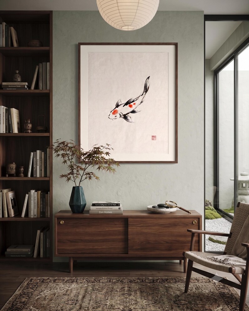 Koi ink koi fish with vermillion accent print styled in a calm Japandi room — warm off-white. Calm & Oak.