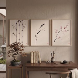 Japanese Sumi-e botanical print set featuring Bamboo, Cherry Blossom, and Bent Reed arranged as a minimalist Zen triptych.