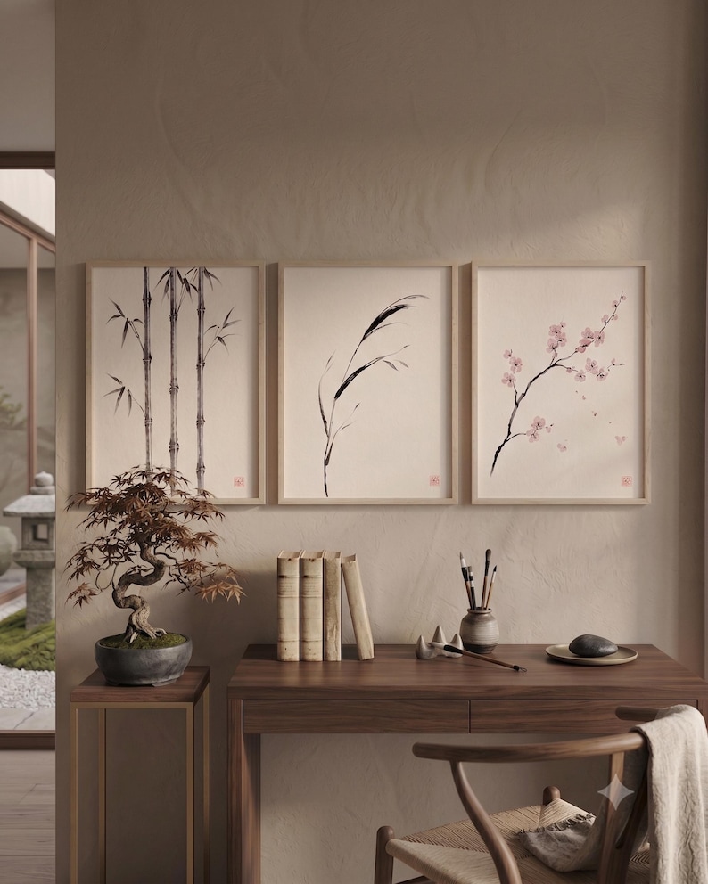 Japanese Sumi-e botanical print set featuring Bamboo, Cherry Blossom, and Bent Reed arranged as a minimalist Zen triptych.