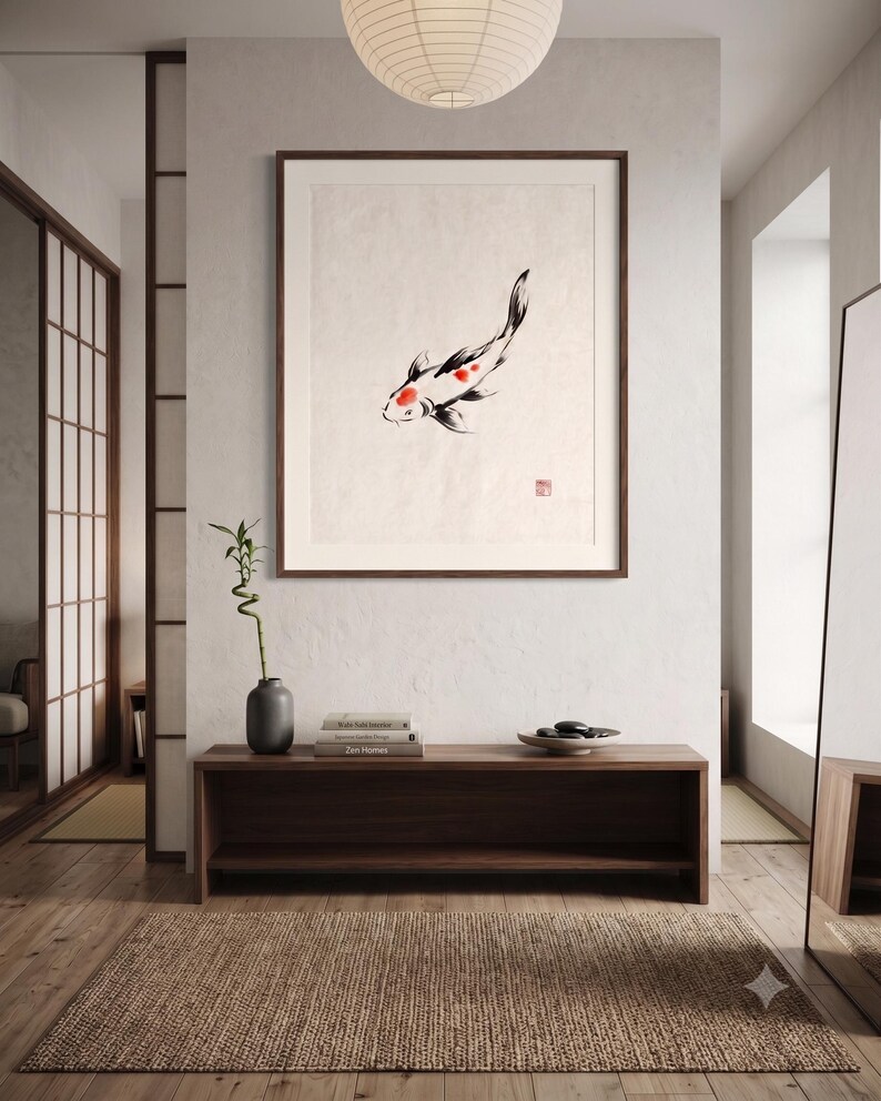 Koi ink koi fish with vermillion accent print styled in a calm Japandi room — warm off-white. Calm & Oak.