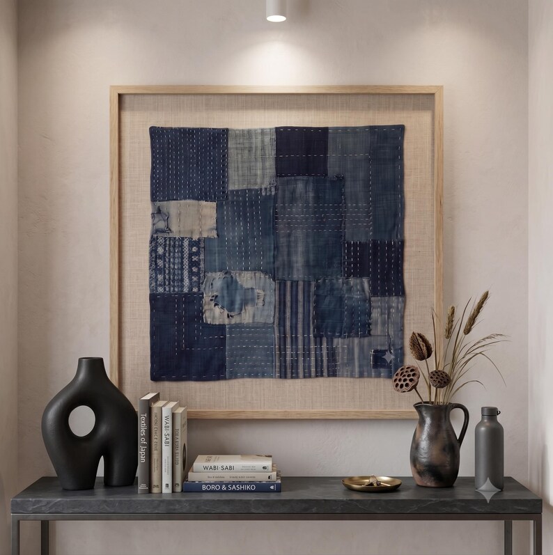 Japanese Boro Indigo wall art featuring layered textile-inspired patterns in deep blue tones with a wabi-sabi aesthetic.