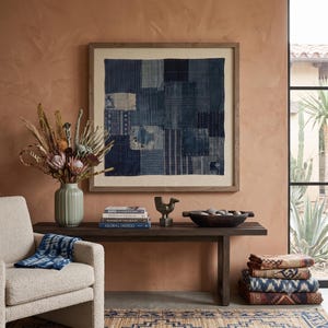 Japanese Boro Indigo wall art featuring layered textile-inspired patterns in deep blue tones with a wabi-sabi aesthetic.