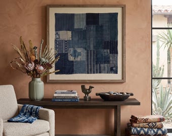 Estampado Boro Indigo, arte textil japonés Sashiko Patchwork, arte mural Wabi-Sabi
