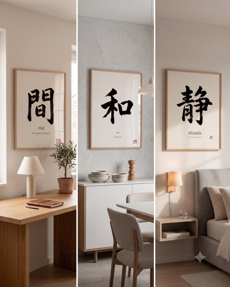 Wa harmony kanji calligraphy print styled in a calm Japandi room — warm off-white. Calm & Oak.