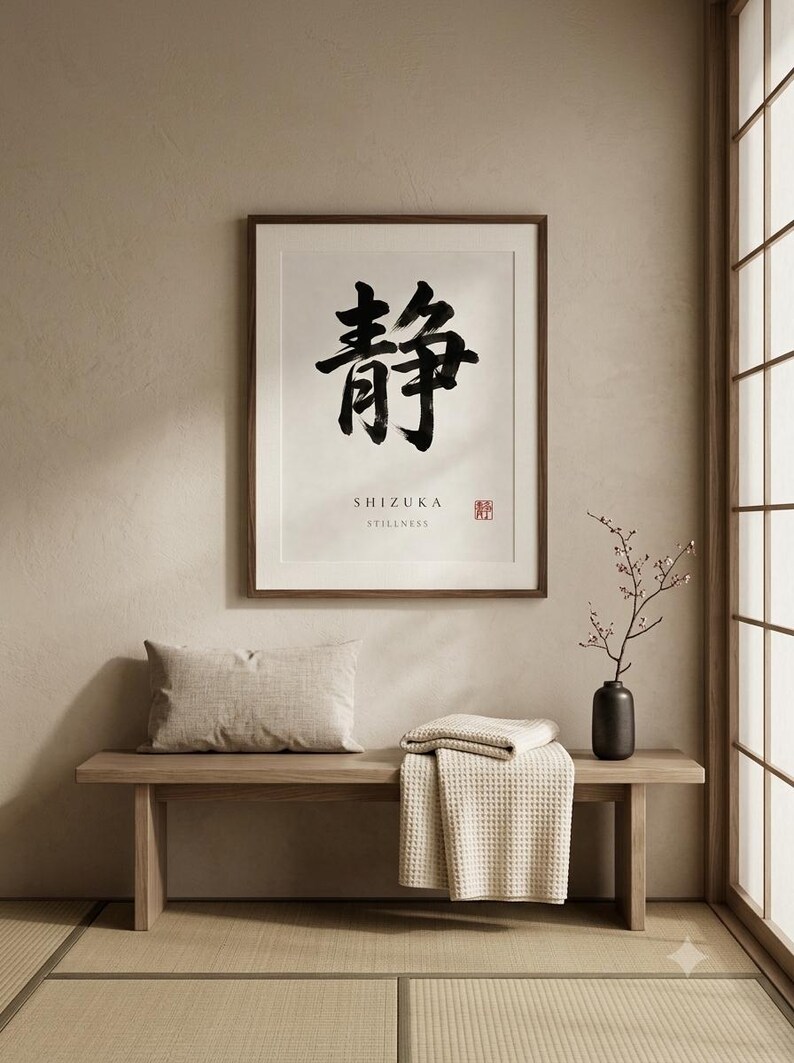 Shizuka stillness kanji calligraphy print styled in a calm Japandi room — warm off-white. Calm & Oak.