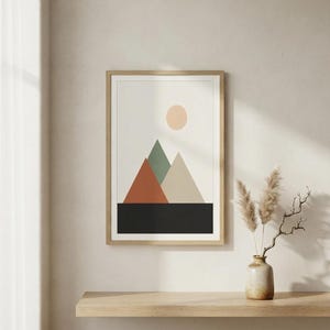 Japandi Mountain Print, Minimalist Layered Peaks Wall Art, Neutral Landscape Decor, Above Bed | Calm & Oak image 1