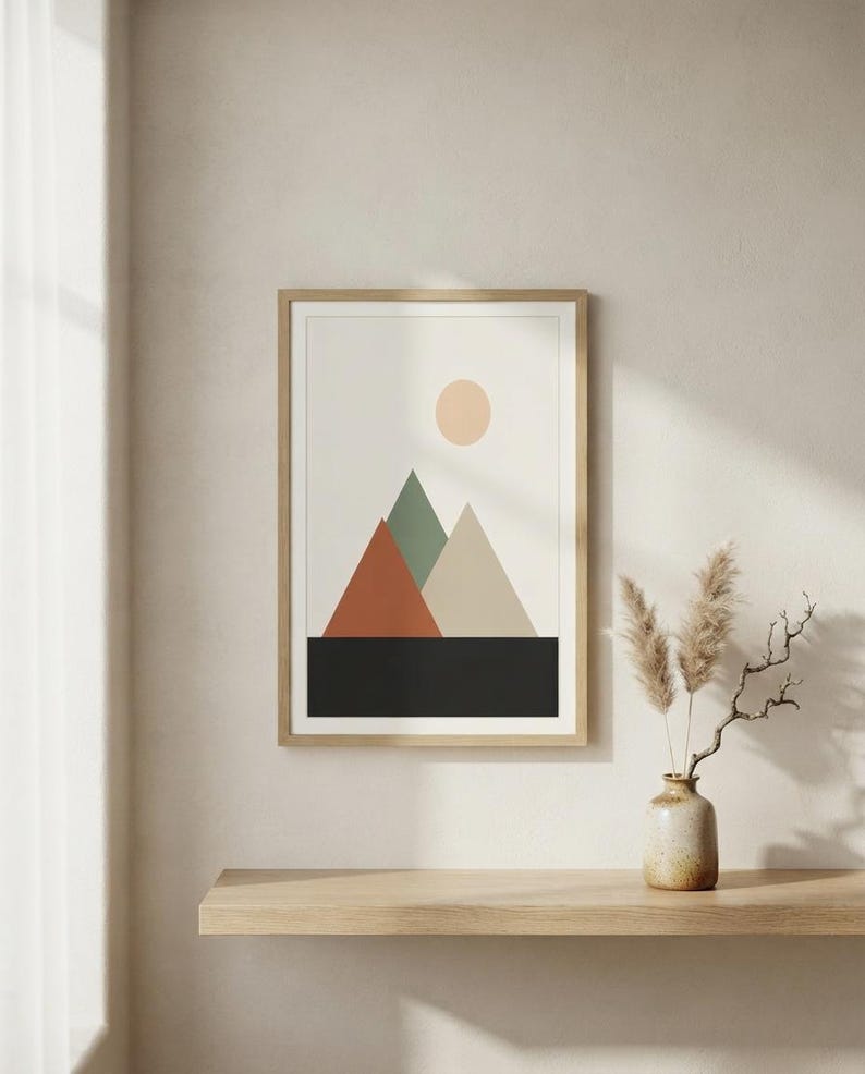 Japandi Mountain Print, Minimalist Layered Peaks Wall Art, Neutral Landscape Decor, Above Bed | Calm & Oak image 1