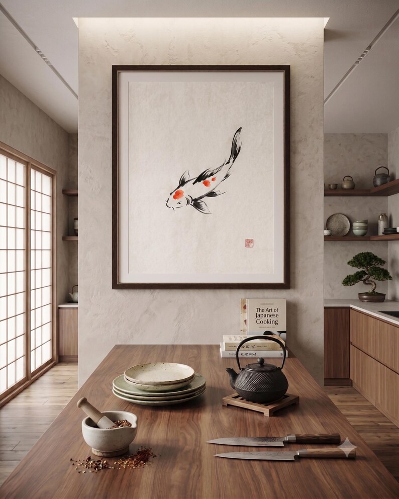 Koi ink koi fish with vermillion accent print styled in a calm Japandi room — warm off-white. Calm & Oak.