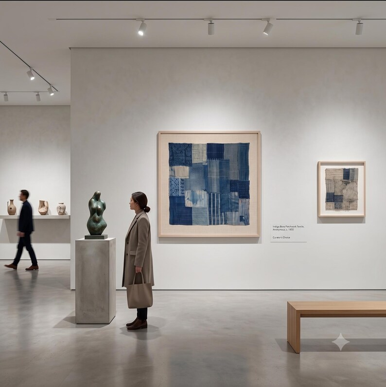 Japanese Boro Indigo wall art featuring layered textile-inspired patterns in deep blue tones with a wabi-sabi aesthetic.