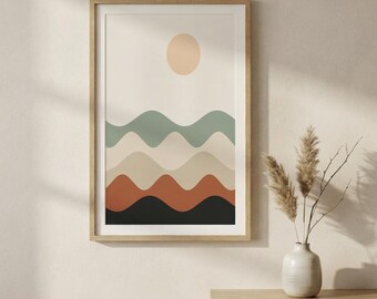Japandi Abstract Landscape Print, Minimalist Neutral Wall Art, Above Bed Decor, Layered Hills | Calm & Oak