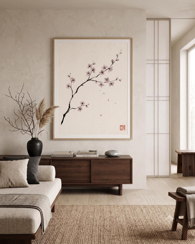 Cherry Branch sakura branch in ink print styled in a calm Japandi room — soft pink and cream. Calm & Oak.