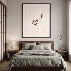Koi ink koi fish with vermillion accent print styled in a calm Japandi room — warm off-white. Calm & Oak.