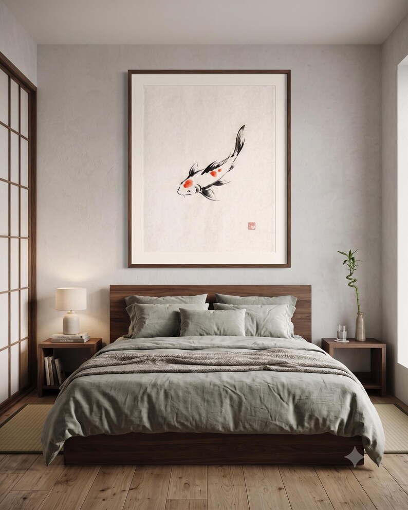Koi ink koi fish with vermillion accent print styled in a calm Japandi room — warm off-white. Calm & Oak.