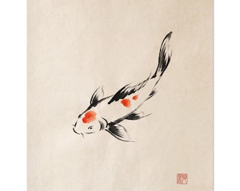 Sumi-e Koi Print, Japandi Wall Art, Japanese Fish Ink Painting, Vermillion Accent | Koi by Calm & Oak