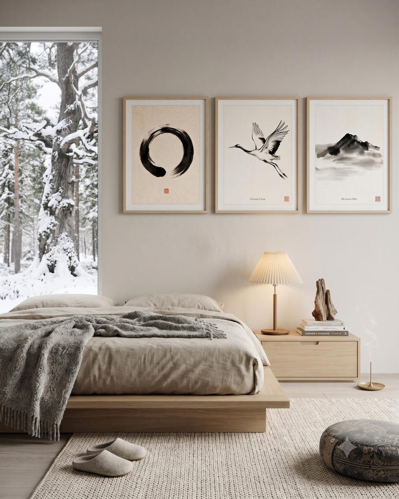 Framed Sumi Enso print displayed above a modern console table in a Japandi-inspired living room with neutral decor.