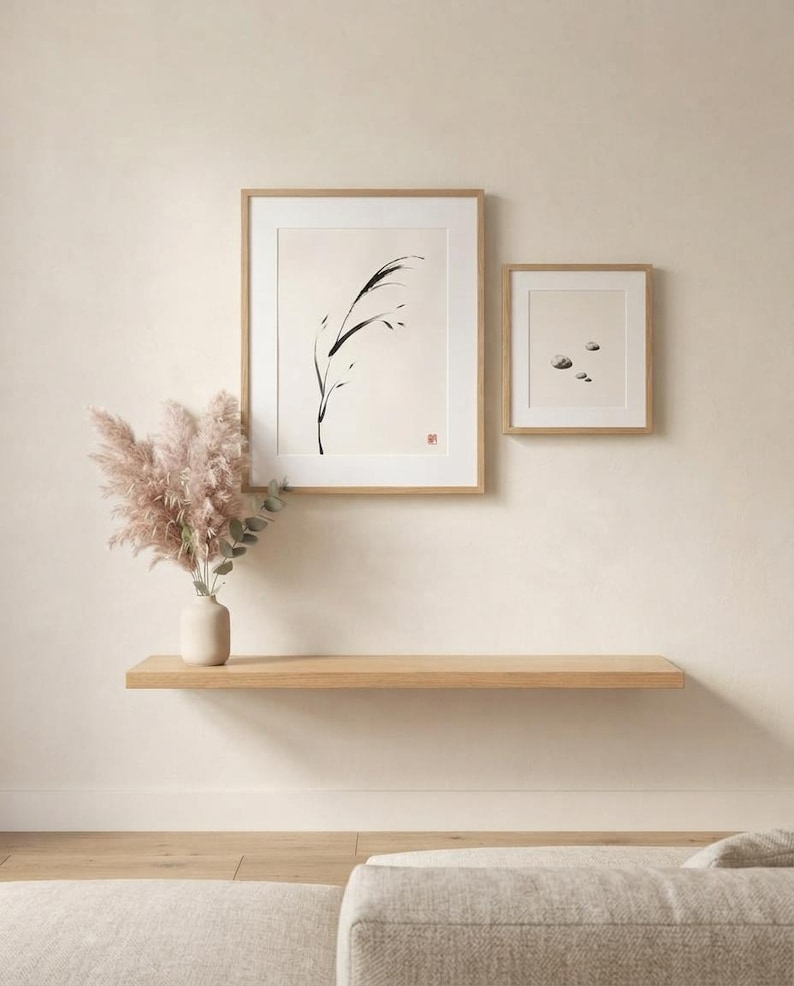 Minimalist Sumi-e Bent Reed print featuring Japanese ink brushwork of a graceful reed bending softly on warm white paper.