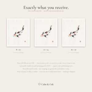 Koi ink koi fish with vermillion accent print styled in a calm Japandi room — warm off-white. Calm & Oak.