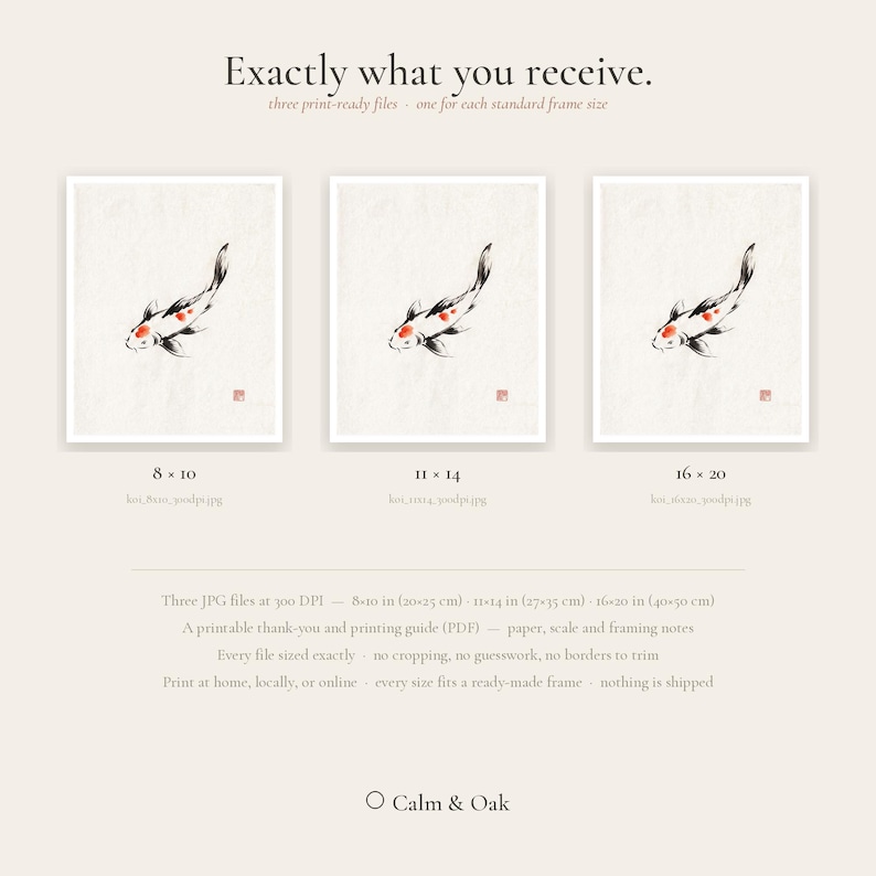 Koi ink koi fish with vermillion accent print styled in a calm Japandi room — warm off-white. Calm & Oak.
