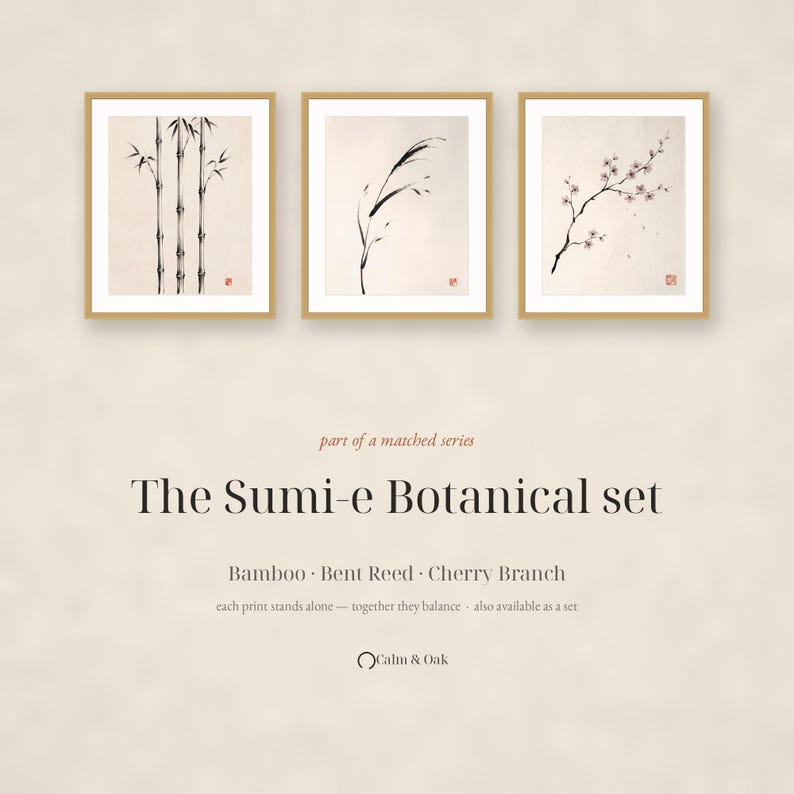 Japanese Sumi-e botanical print set featuring Bamboo, Cherry Blossom, and Bent Reed arranged as a minimalist Zen triptych.