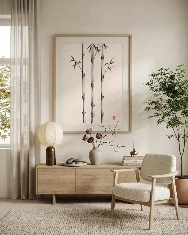 Three Bamboo three ink bamboo stalks print styled in a calm Japandi room — warm off-white. Calm & Oak.