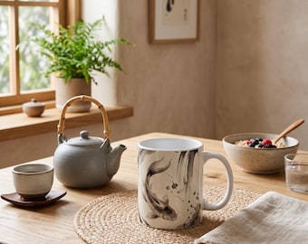 Taza Japandi con cascada de carpas Koi — Cerámica minimalista neutra de 325 ml / Calm & Oak
